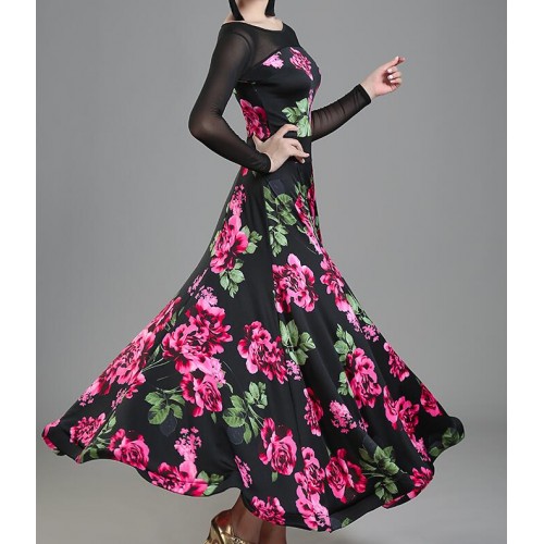 Fuchsia rose flowers printed long tulle sleeves patchwork fashion girl's women's competition professional ballroom waltz dancing dresses